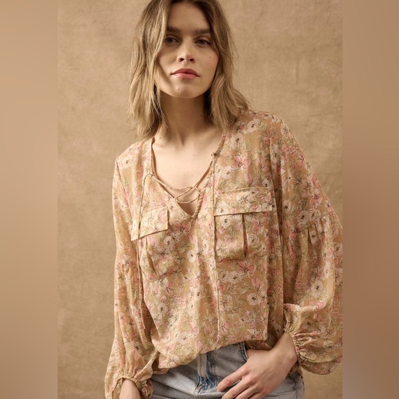 Versona Tops - Versona Dusty Rose Floral Lace-Up V-Neck Blouse